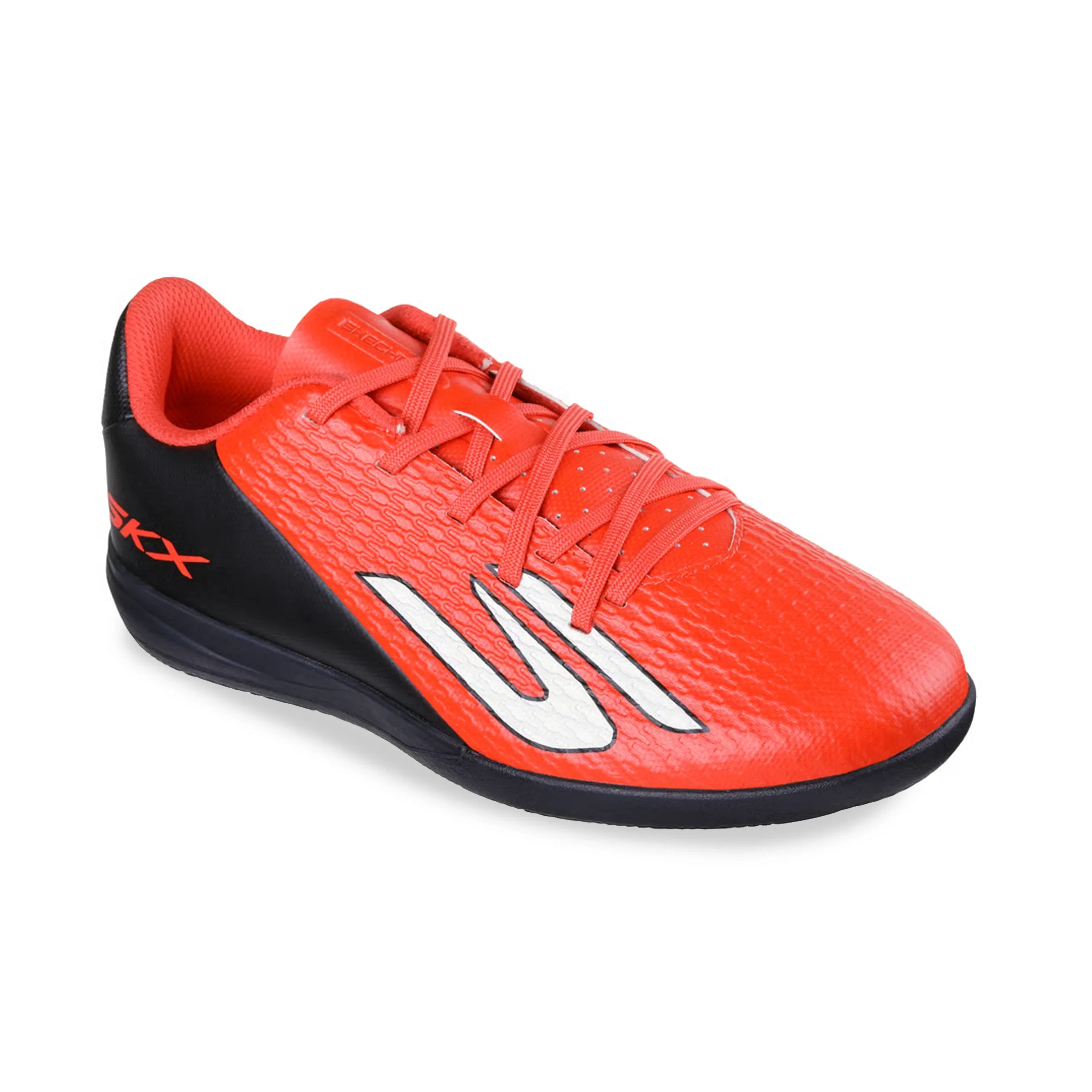 Chuteira indoor juvenil Skechers vermelho e preto vista lateral esquerda com detalhes do logo SKX